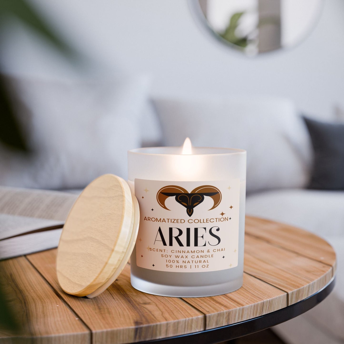 Aries Cinnamon & Chai Soy Wax Candle, Frosted Glass Candle,